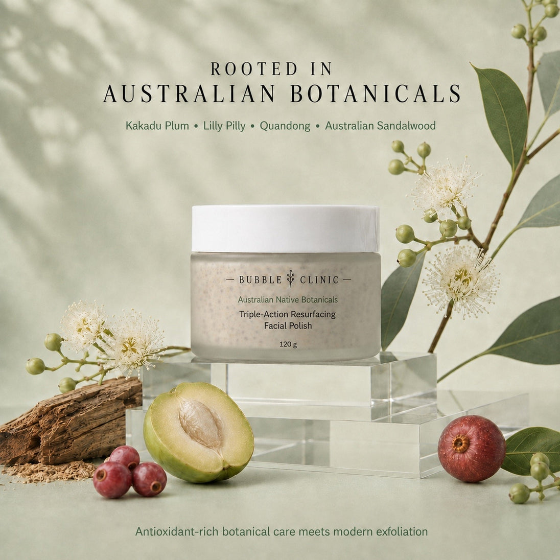 Bubble Clinic Australian Native Botanicals Triple-Action Resurfacing Facial Polish with Kakadu Plum, Lilly Pilly, Quandong and Australian Sandalwood
