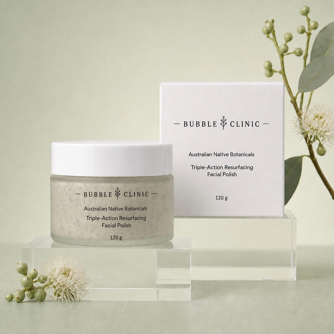 Bubble Clinic Triple-Action Resurfacing Facial Polish 120 g with matching Australian Native Botanicals carton on clear acrylic pedestal