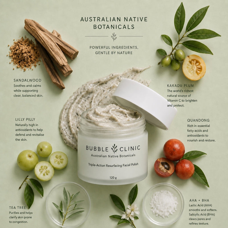 Triple-Action Resurfacing Facial Polish with Australian Sandalwood, Kakadu Plum, Lilly Pilly, Quandong, Tea Tree and AHA BHA exfoliating ingredients