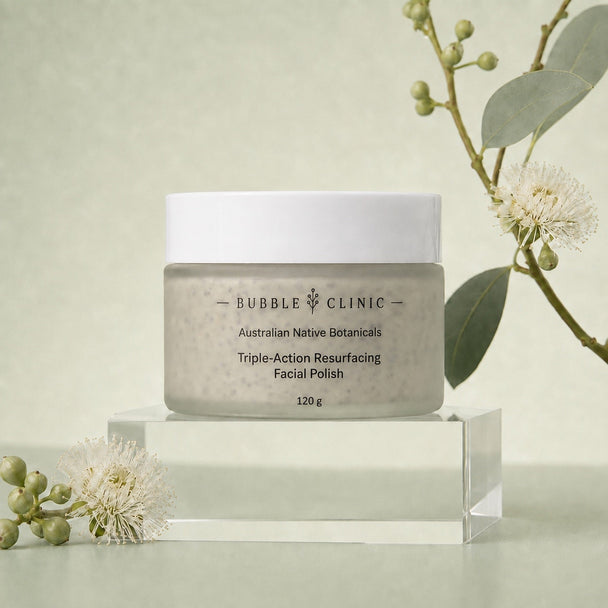 Bubble Clinic Triple-Action Resurfacing Facial Polish 120 g in frosted jar on soft sage studio background with Australian native botanicals
