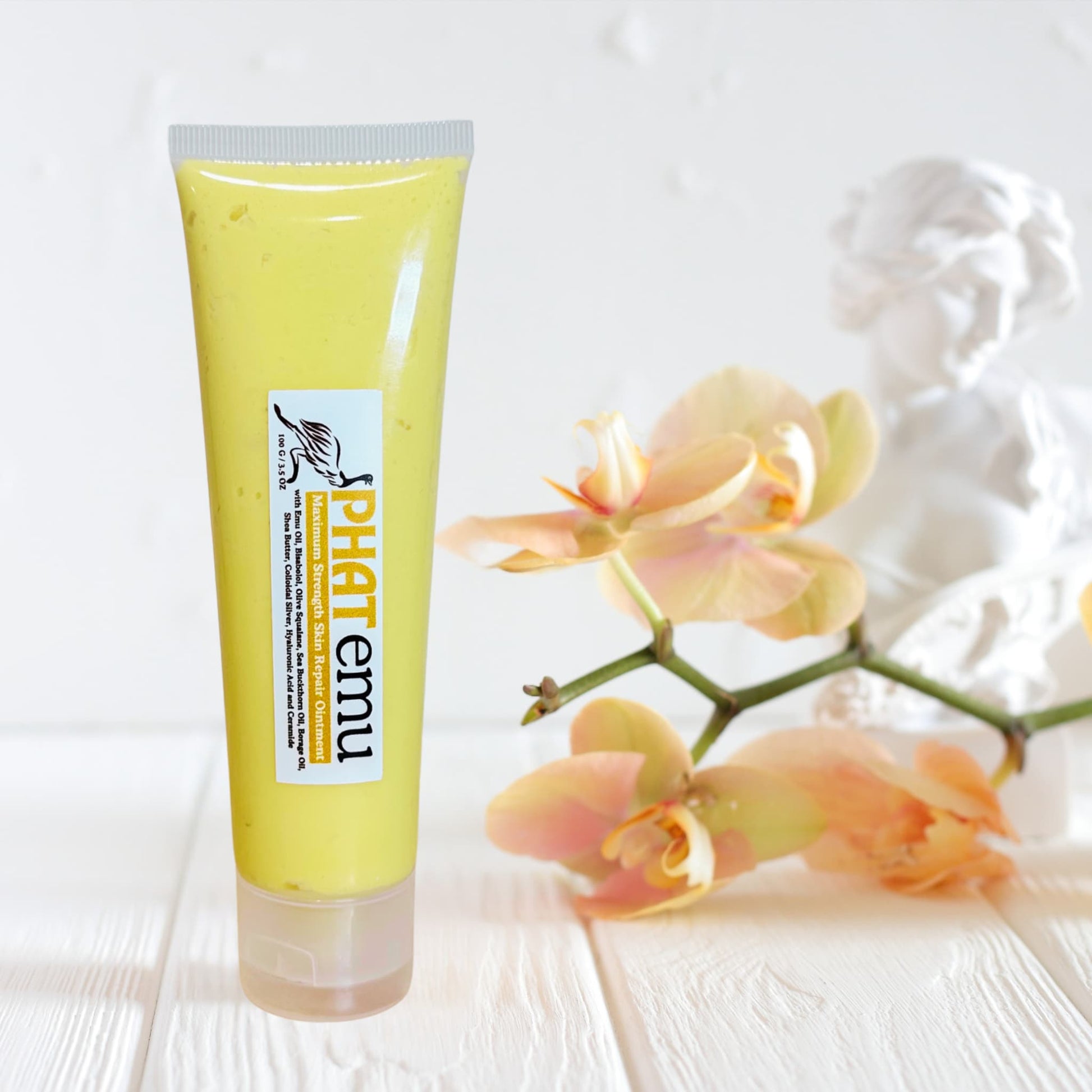 tube-eczema-cream, white background with botanicals, label highlighting natural, organic, dermatologist recommended ingredients - bisabolo, sea buckthorn, borage oil, ceramides.