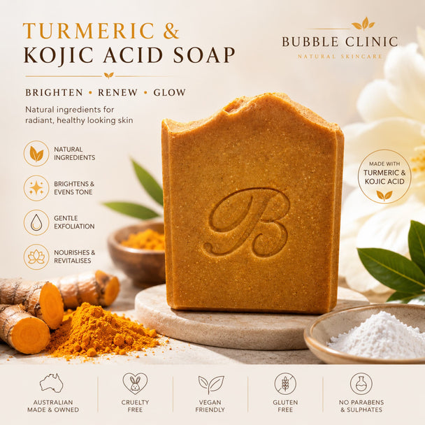 A bar of Bubble Clinic Turmeric & Kojic Acid Soap is displayed on a stone pedestal, surrounded by ingredients like turmeric root, turmeric powder, and white powder, with text highlighting its benefits.
