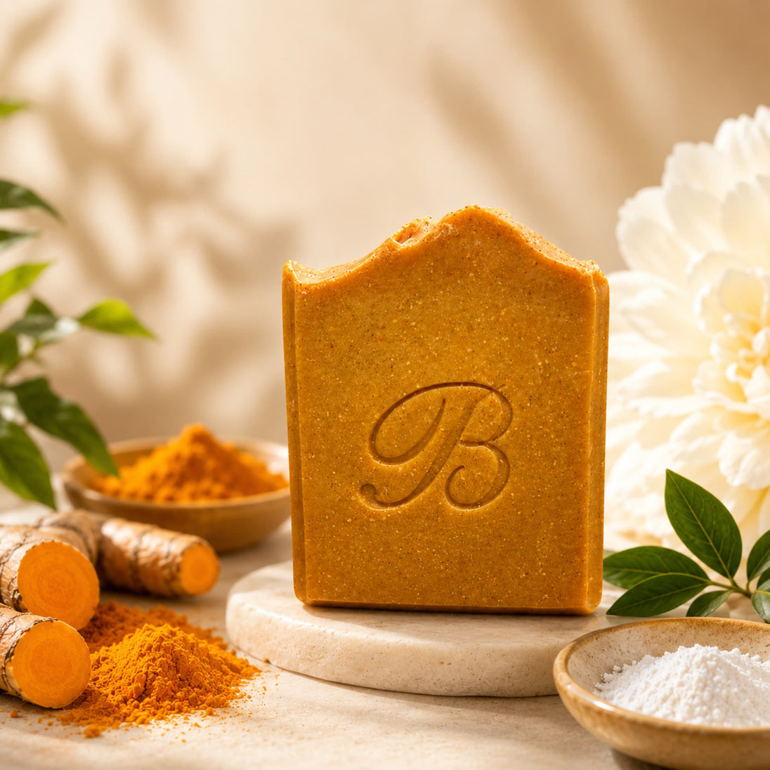 A rectangular bar of turmeric kojic soap with an embossed script letter 'B' stands on a small stone riser. The soap is styled with turmeric roots, turmeric powder, a white flower, and a bowl of kojic acid powder against a warm beige background representing best brightening turmeric soap australia