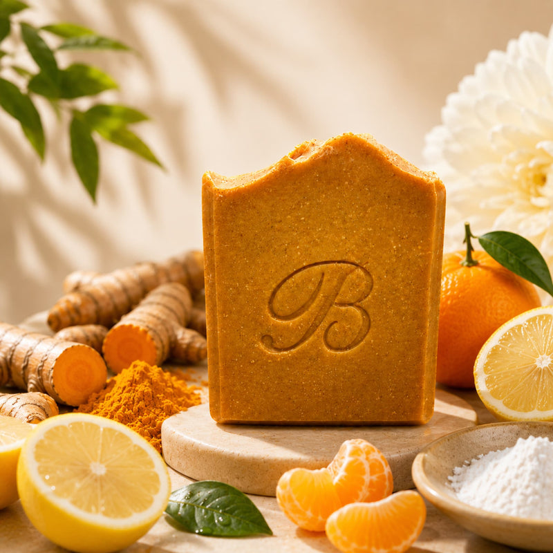 Natural Turmeric kojic soap with citrus and turmeric root botanical setting representing natural ingredients.