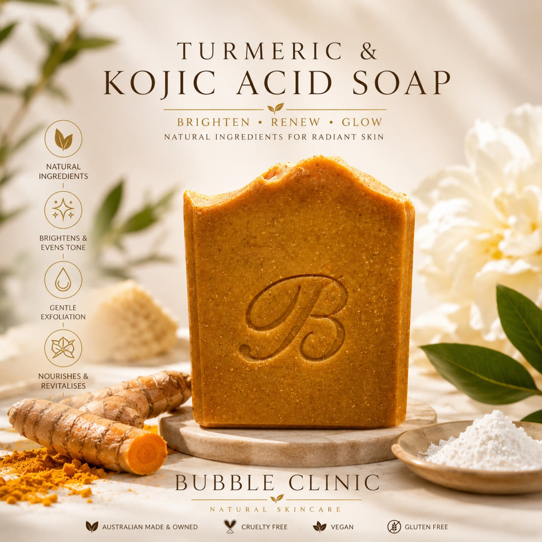 A bar of turmeric and kojic acid soap by Bubble Clinic, displayed on a wooden stand with turmeric roots, white powder, and white flowers in a softly lit natural setting representing best turmeric kojic soap australia.