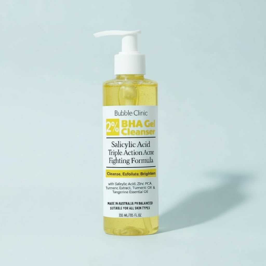 Bottle of Bubble Clinic Turmeric BHA Gel Cleanser on a beige background representing best Australian anti acne cleansers.