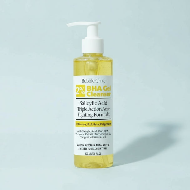 Bottle of Bubble Clinic Turmeric BHA Gel Cleanser on a beige background representing best Australian anti acne cleansers.
