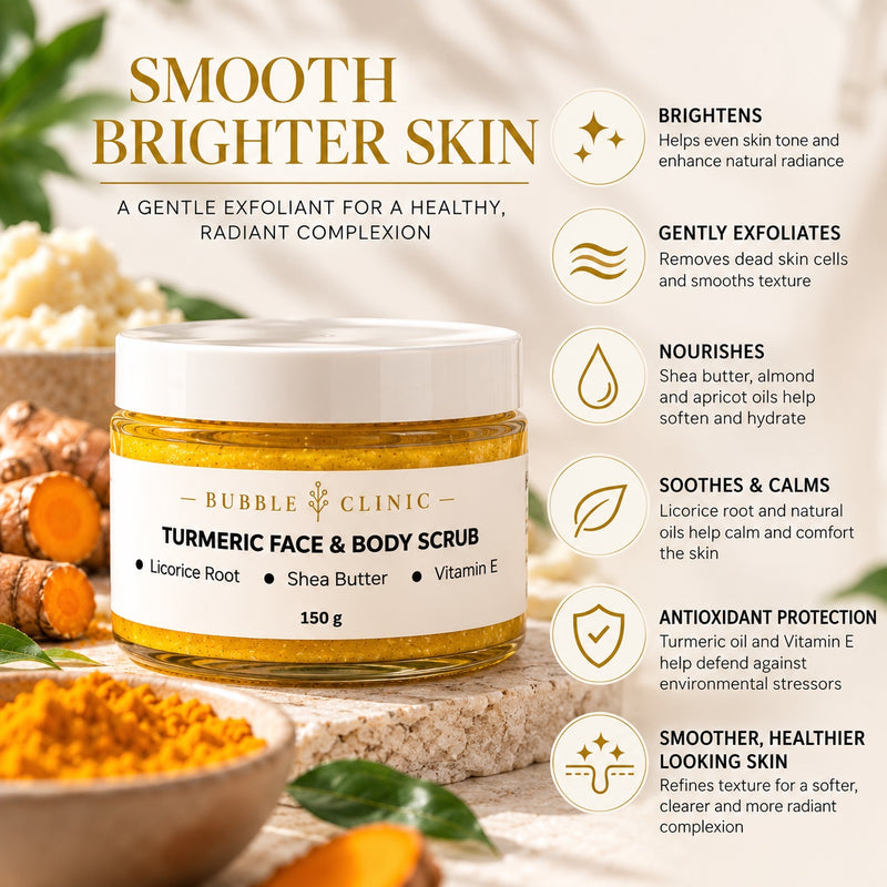Turmeric face and body scrub benefits for smoother brighter-looking skin with licorice and shea