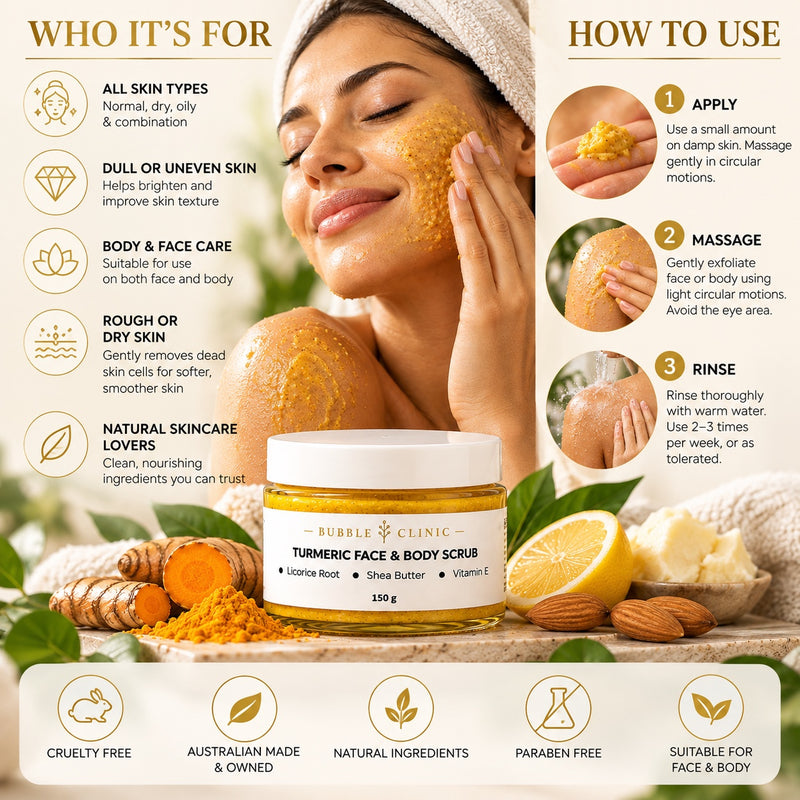 Turmeric face and body scrub Australia with how to use guide for gentle exfoliation