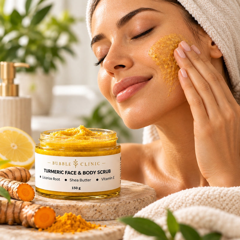 Bubble Clinic turmeric face and body scrub lifestyle image for dull uneven-looking skin