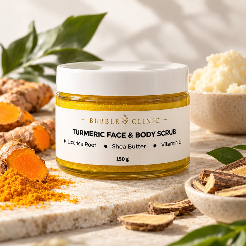 Bubble Clinic turmeric face and body scrub with licorice root shea butter and vitamin E