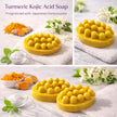 3 frames showing close up of turmeric kojic acid soap for dark spots and acne scars for sensitive skin for sensitive skin, vegan brightening skincare soap.