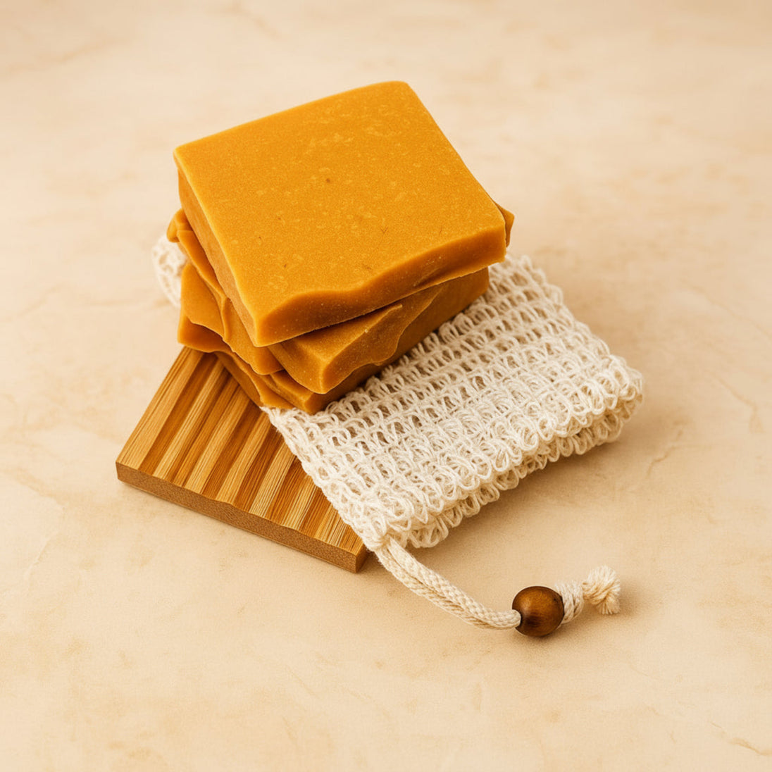 brightening kojic and turmeric soap ends bundle gift packaged on light beige background representing best natural brightening skincare Australian made.