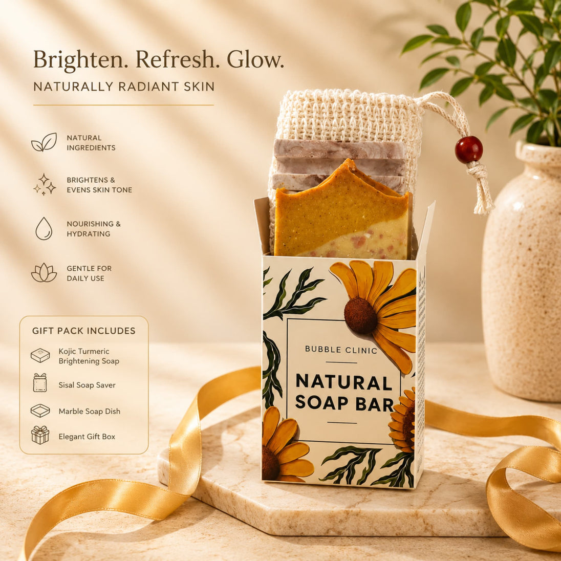 Bubble Clinic Natural Soap Bar in an elegant gift box, styled on a marble tray with a gold ribbon, set against a warm beige background with a decorative vase representing best turmeric brightening soap bubble clinic.
