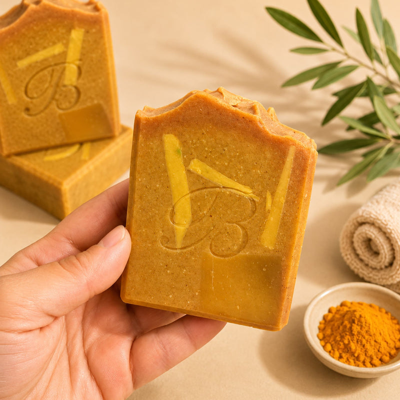 Hand holding a terrazzo turmeric and kojic acid soap bar