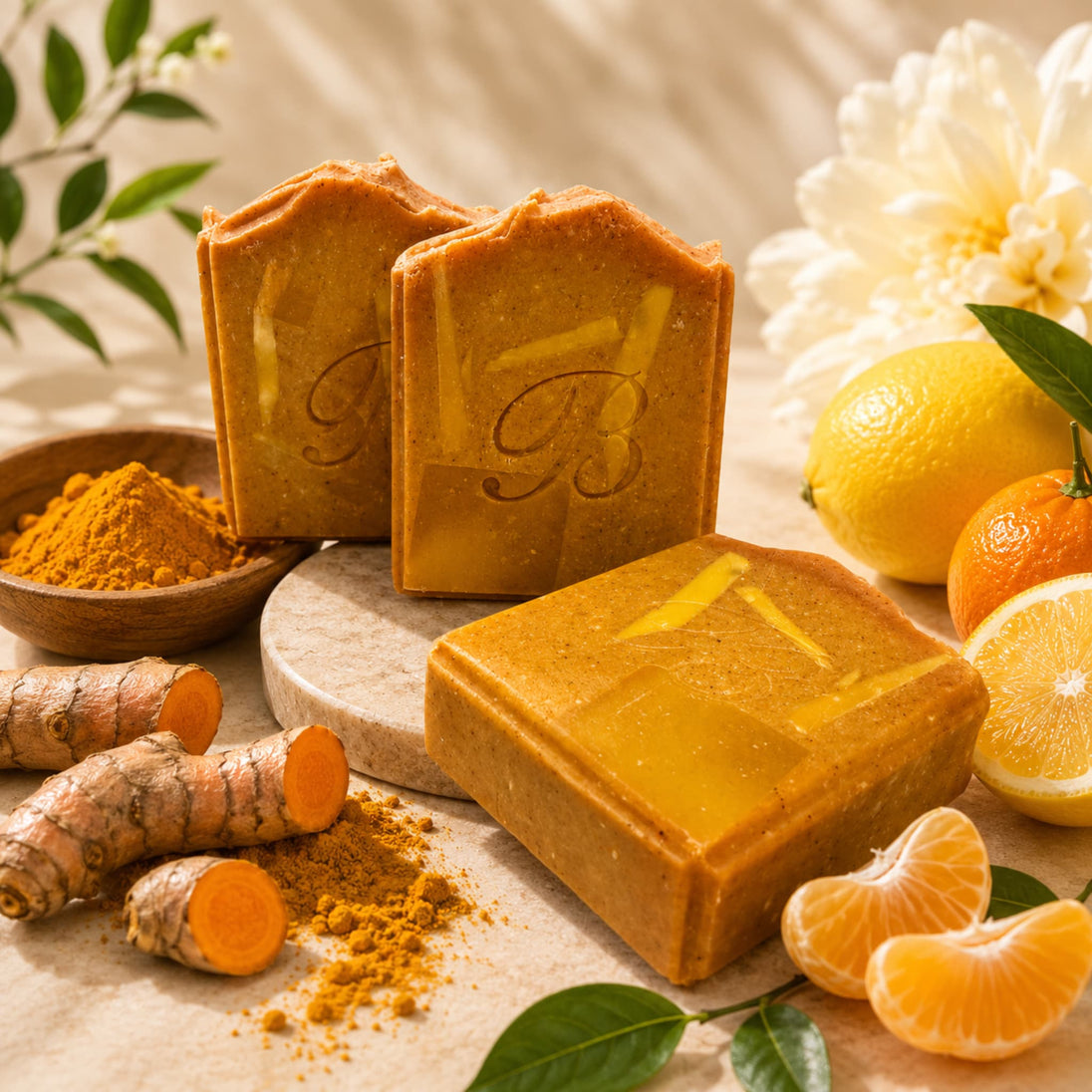 Three rectangular bars of turmeric and kojic acid soap arranged on a stone slab with turmeric roots, turmeric powder, lemons, oranges, and citrus slices around them. The soap bars have embossed decorative letters on the front, set against a warm, softly lit background with flowers and leaves.