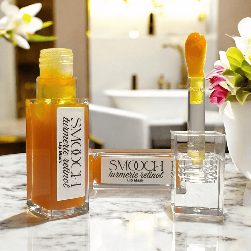 Bubble Clinic Turmeric Overnight Lip Mask displayed on a marble surface.