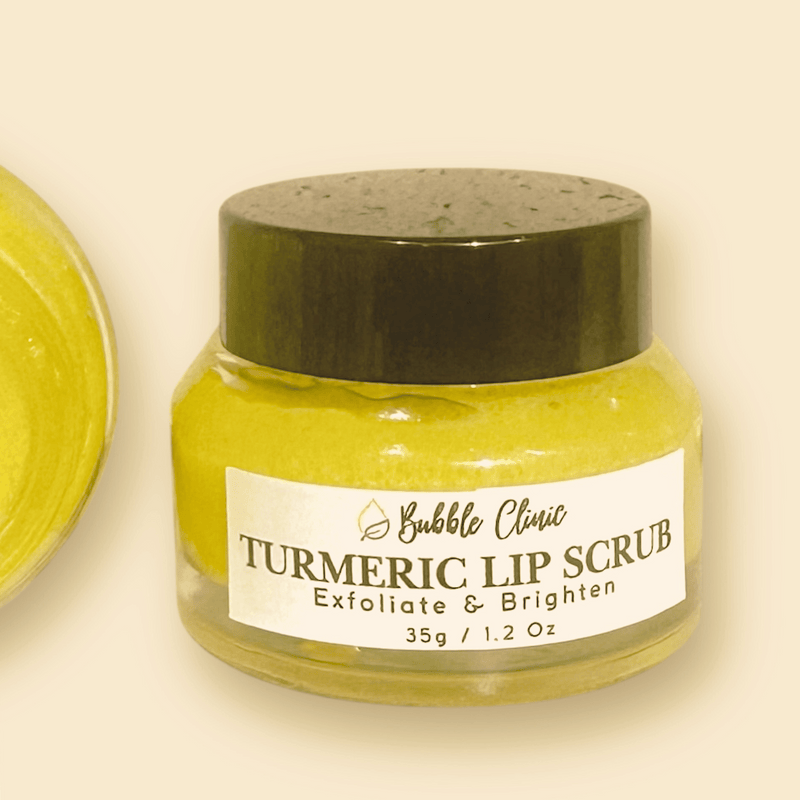 Bubble Clinic Australian-made Turmeric Lip Scrub in a clear glass jar with black lid