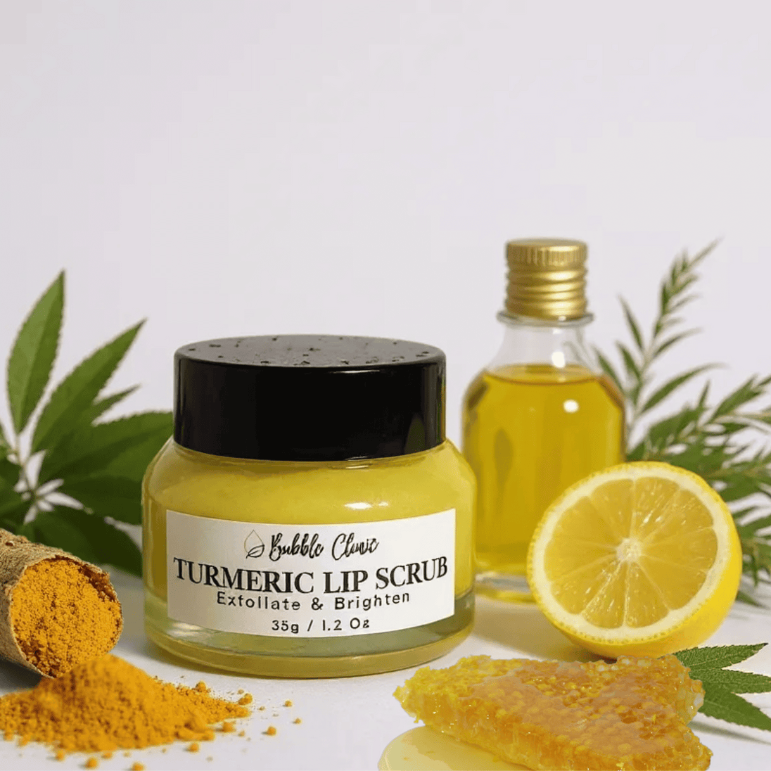 Turmeric lip scrub jar with lemon and turmeric powder on a white background representing best natural turmeric lip scrub for dark, smokers lips Australian made. 