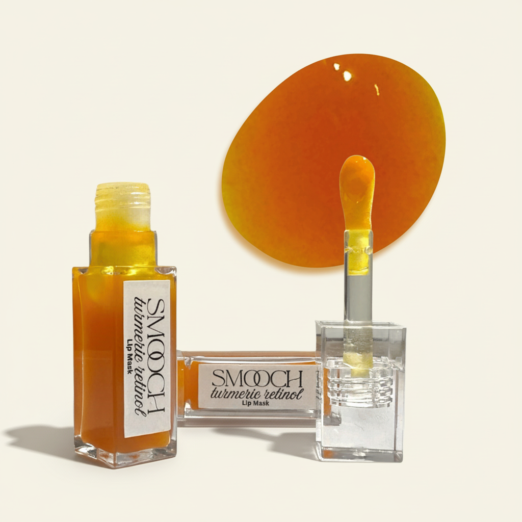 turmeric and retinol lip mask in clear lip gloss bottle for dark lips with squalane and vitamin c