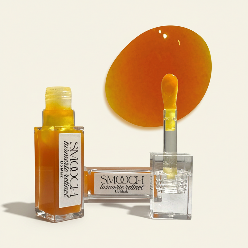 Turmeric Overnight Lip Mask with squalane, jojoba oil, vitamin C and bakuchiol in clear packaging.