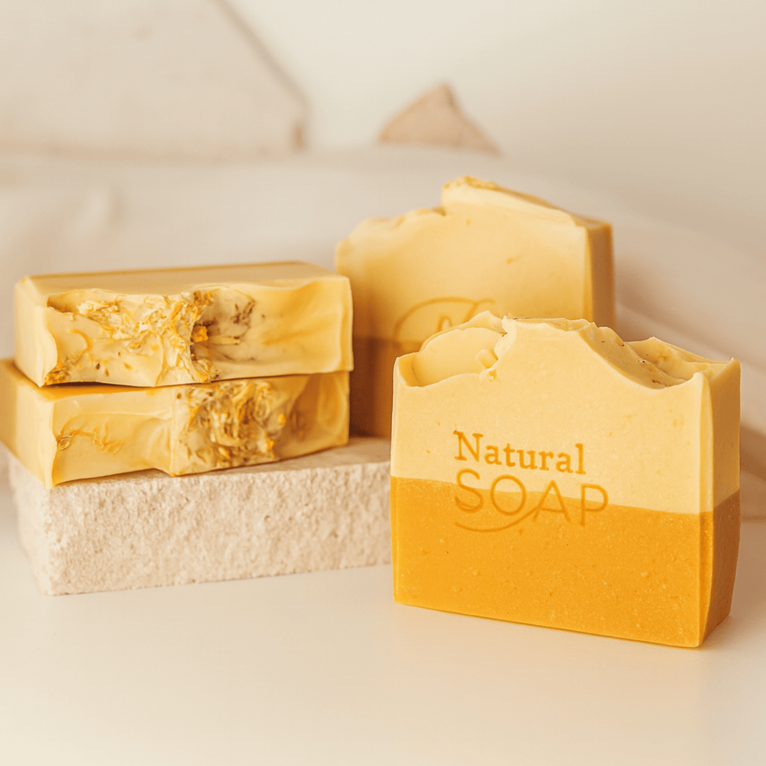 four bars of turmeric kojic acid skin brightening soap with chamomile essential oil against clean white background representing the best in Australian skin brightening skincare.