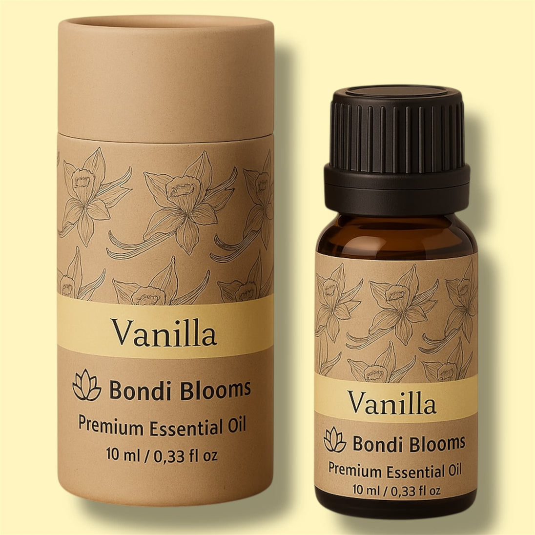 Vanilla premium essential oil bottle and packaging on a beige background representing best therapeutic grade essential oils, pure essential ois Australia. 
