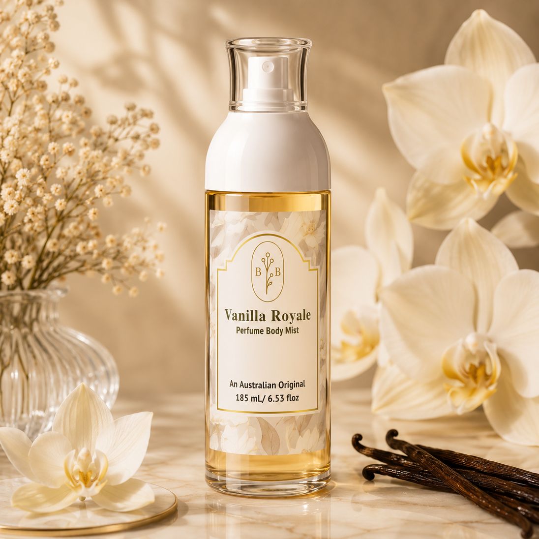 Vanilla Royale Perfume Body Mist by Bubble Clinic Australia in a premium glass bottle with elegant floral label, surrounded by vanilla orchids and vanilla bean pods. Warm vanilla body mist fragrance with a luxurious, long-lasting scent in 185mL spray bottle.
