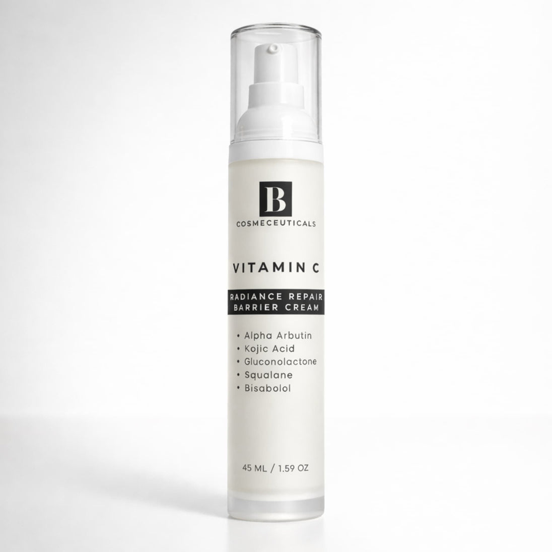 luxury skincare bottle of alpha arbutin, kojic acid, vitamin c cream for radiance and brightening even skin tone on a clean white background representing best brightening cream with vitamin c, kojic acid, alpha arbutin and squalane.