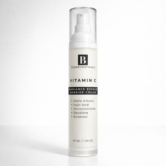 luxury skincare bottle of alpha arbutin, kojic acid, vitamin c cream for radiance and brightening even skin tone on a clean white background representing best brightening cream with vitamin c, kojic acid, alpha arbutin and squalane.