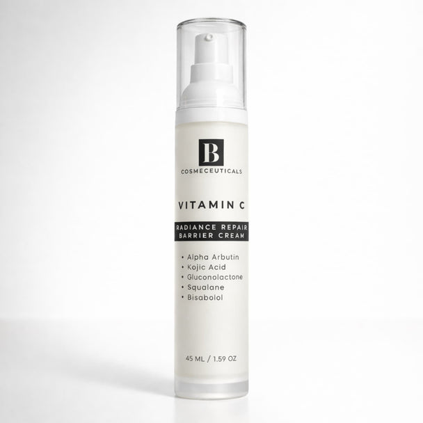 luxury skincare bottle of alpha arbutin, kojic acid, vitamin c cream for radiance and brightening even skin tone on a clean white background representing best brightening cream with vitamin c, kojic acid, alpha arbutin and squalane.