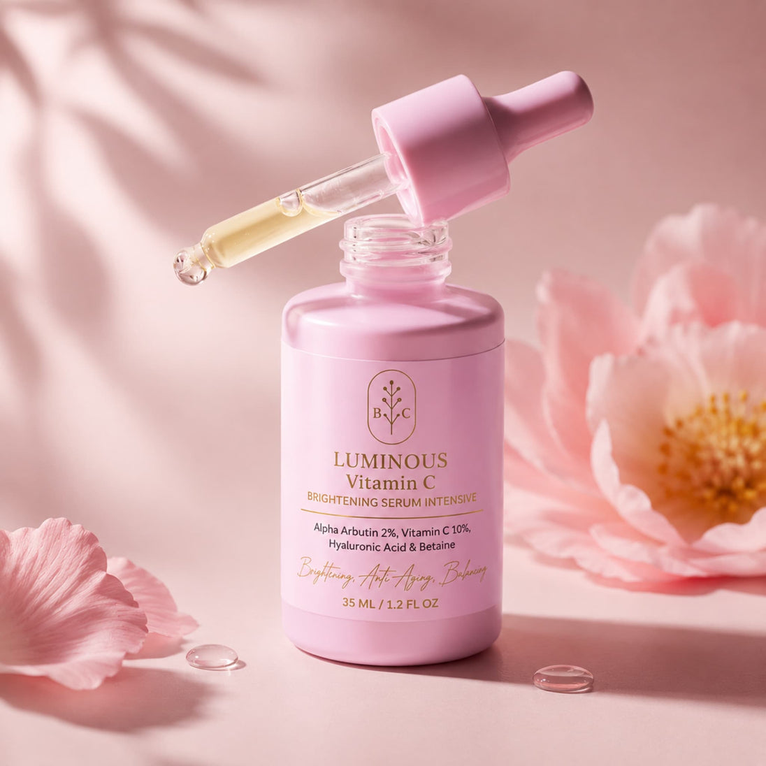 Pink bottle of Luminous Vitamin C Brightening Serum Intense with a pink dropper cap and glass dropper, styled with pink flowers on a soft pink background.
