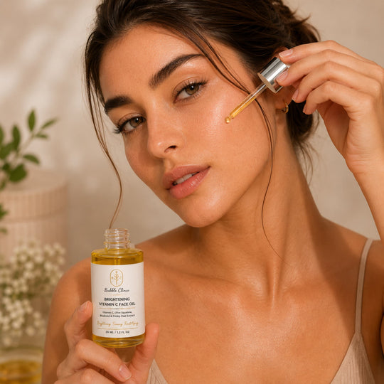 Bubble Clinic Brightening Vitamin C Face Oil with olive squalane, bisabolol and prickly pear extract being applied to glowing skin with dropper in luxury skincare lifestyle image.