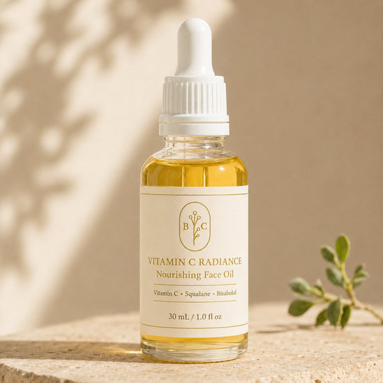 Close-up of Bubble Clinic Vitamin C Radiance Face Oil showing its clear 30 mL bottle and golden oil.