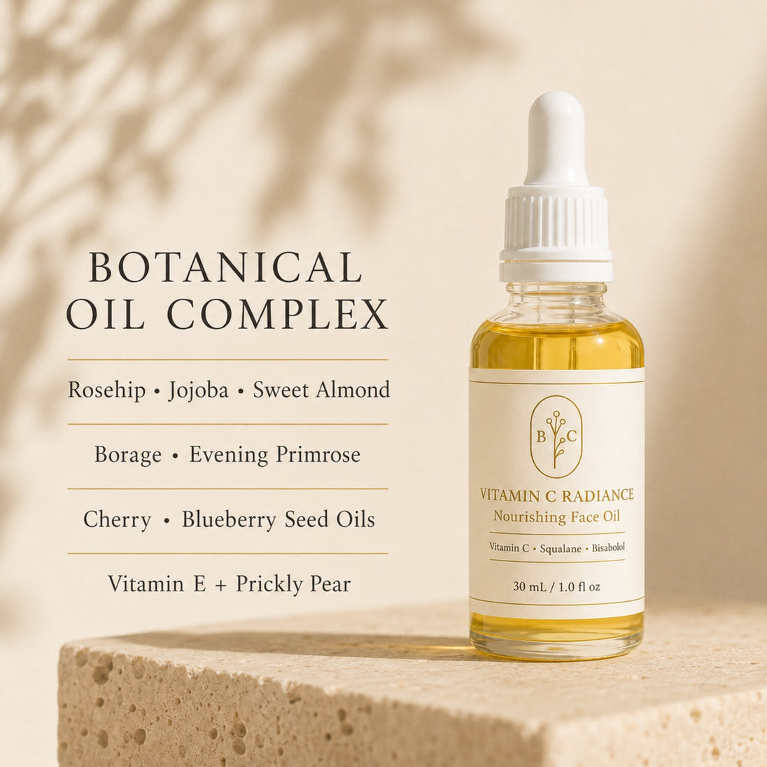 Vitamin C Radiance Face Oil botanical blend with rosehip, jojoba, almond, borage and seed oils.