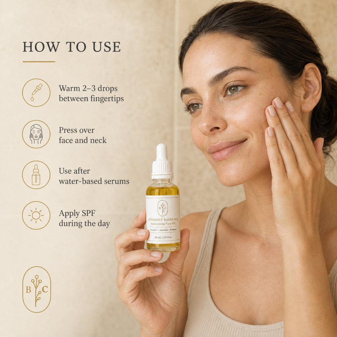 Female applying face oil to cheek with listed - How to use Bubble Clinic Vitamin C Radiance Face Oil after water-based serums and before daytime SPF.