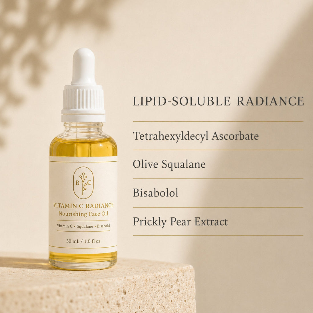 Vitamin C Radiance Face Oil actives: tetrahexyldecyl ascorbate, olive squalane, bisabolol and prickly pear extract.