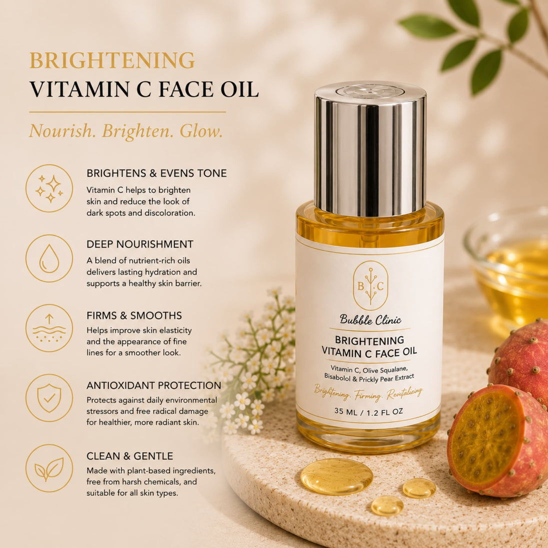 Bubble Clinic antioxidant Vitamin C facial oil featuring tetrahexyldecyl ascorbate, rosehip oil, jojoba oil and prickly pear extract for luminous skin listed with benefits - brightens, nourishing, firming representing best natural Australian skincare.