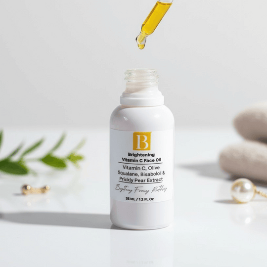 white ceramic bottle with dropper over it revealing clear yellow hue of vitamin c oil with prickly pear on a white background with botanicals and towels representing clean natural australian skincare