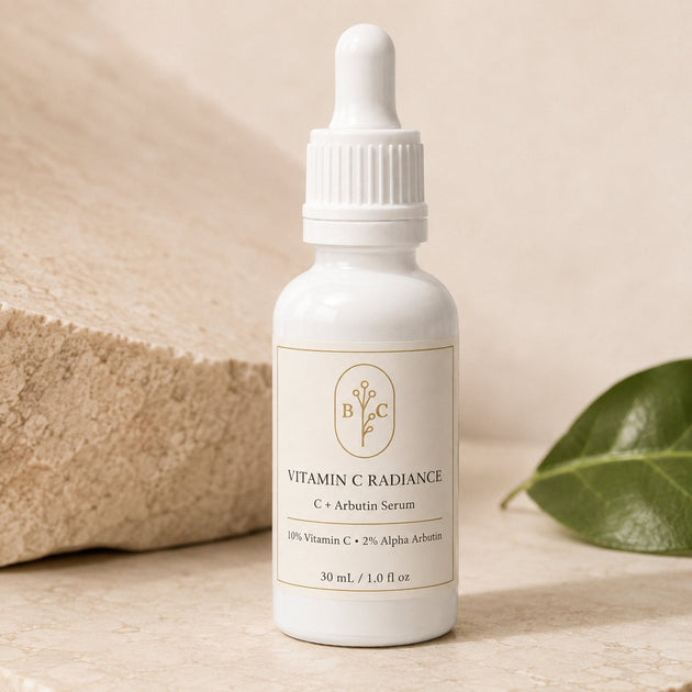 Close-up of Vitamin C Radiance Serum with L-ascorbic acid and alpha arbutin