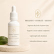 White bottle of vitamin c serum with listed Hydrating and radiance-focused features of Bubble Clinic Vitamin C Serum