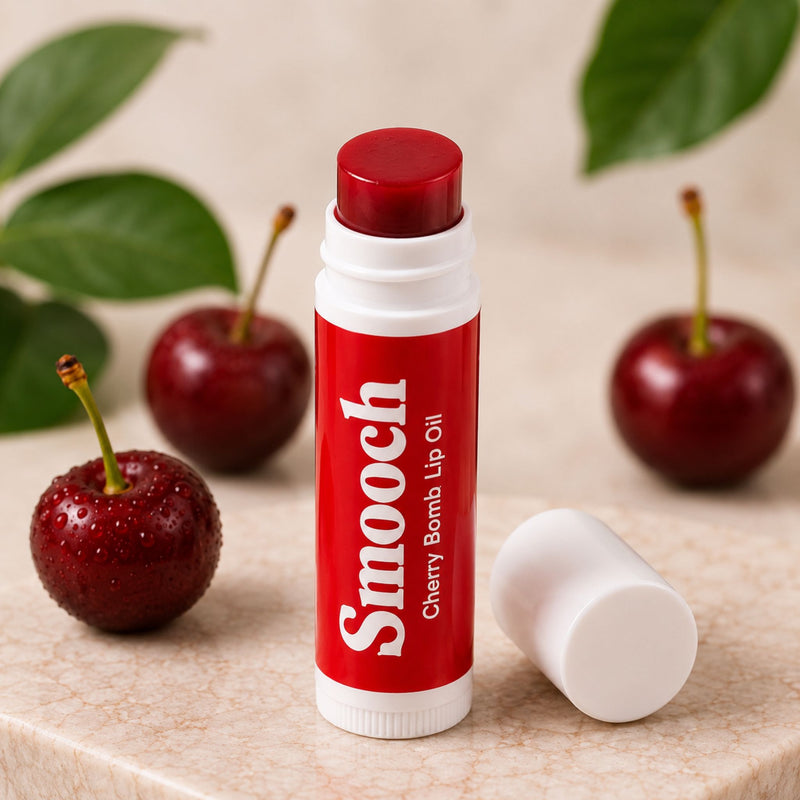 Smooch Cherry Bomb tinted lip oil with sheer cherry tint and vitamins B, C and E