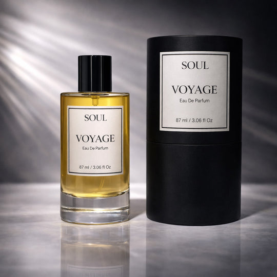 Soul Voyage perfume bottle and packaging on a reflective surface with a gray background representing best luxury australian original aromatherapy perfume with essential oil.