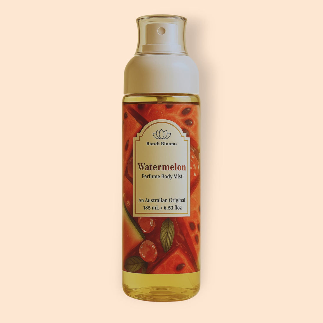 Australian Original, Watermelon perfume body mist bottle with a watermelon label on a beige background representing best fragrance, perfumes for hair and body australia.