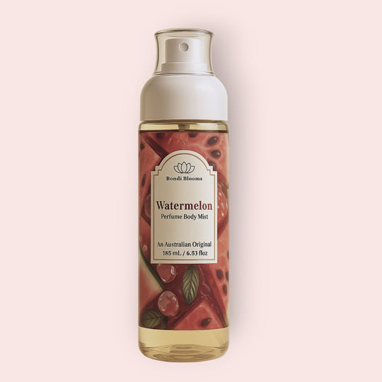 Australian Original, Watermelon perfume body mist bottle with a watermelon label on a beige background representing best fragrance, perfumes for hair and body australia.