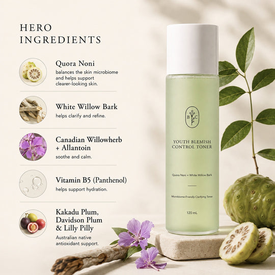 Witch hazel toner hero ingredients with Quora Noni, white willow bark, vitamin B5 and Australian native botanicals