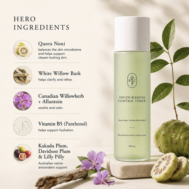 Witch hazel toner hero ingredients with Quora Noni, white willow bark, vitamin B5 and Australian native botanicals