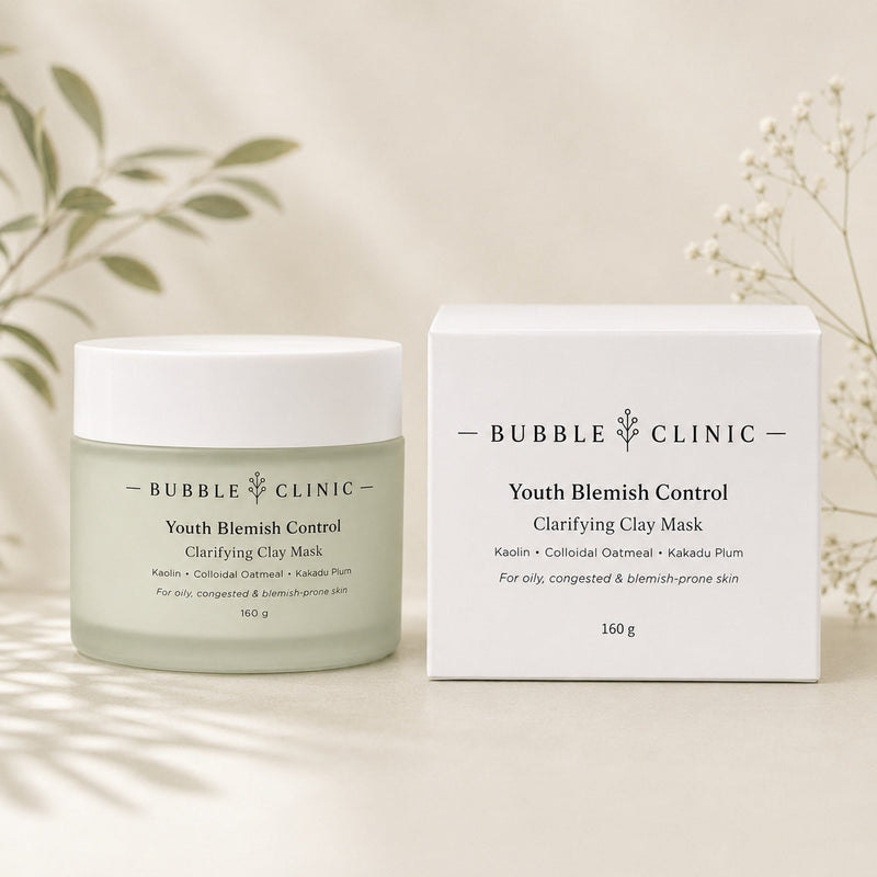 Bubble Clinic Youth Blemish Control clay mask with carton, a kaolin and bentonite clay face mask for oily skin