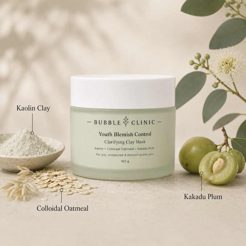 Kaolin clay, colloidal oatmeal and Kakadu plum ingredients in Youth Blemish Control clay face mask