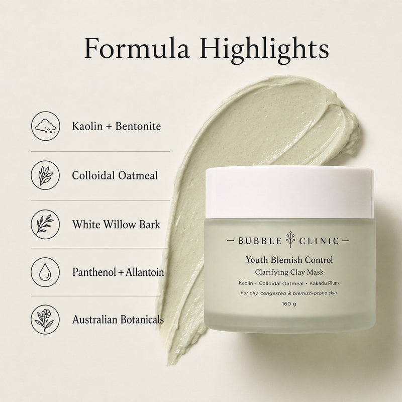 Clay mask formula highlights with kaolin, bentonite, colloidal oatmeal, white willow bark and Australian botanicals